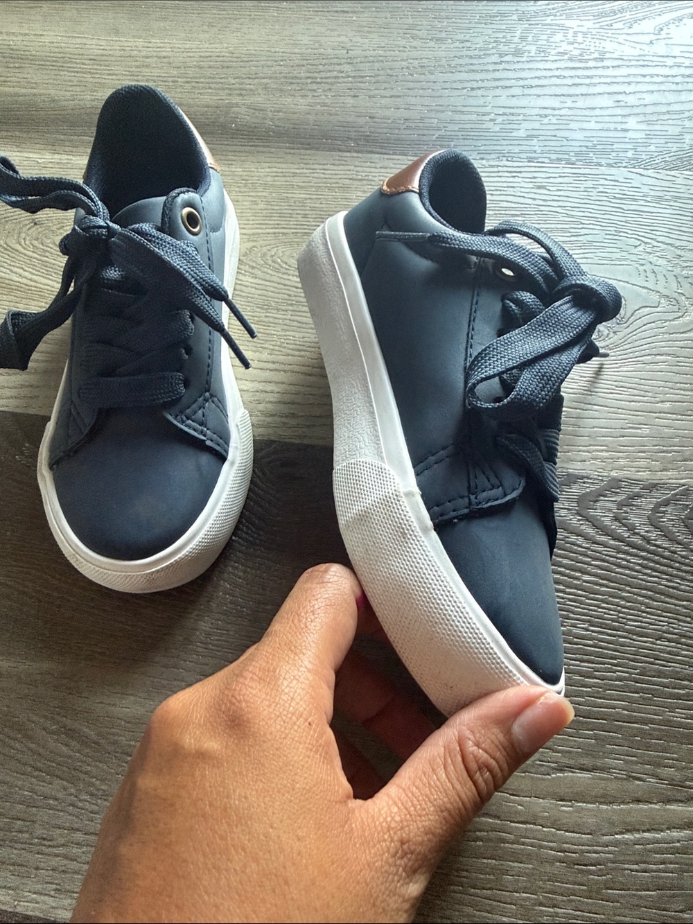 Kids Navy Lace-Up Sneakers with White Sole and Tan Heel Detail